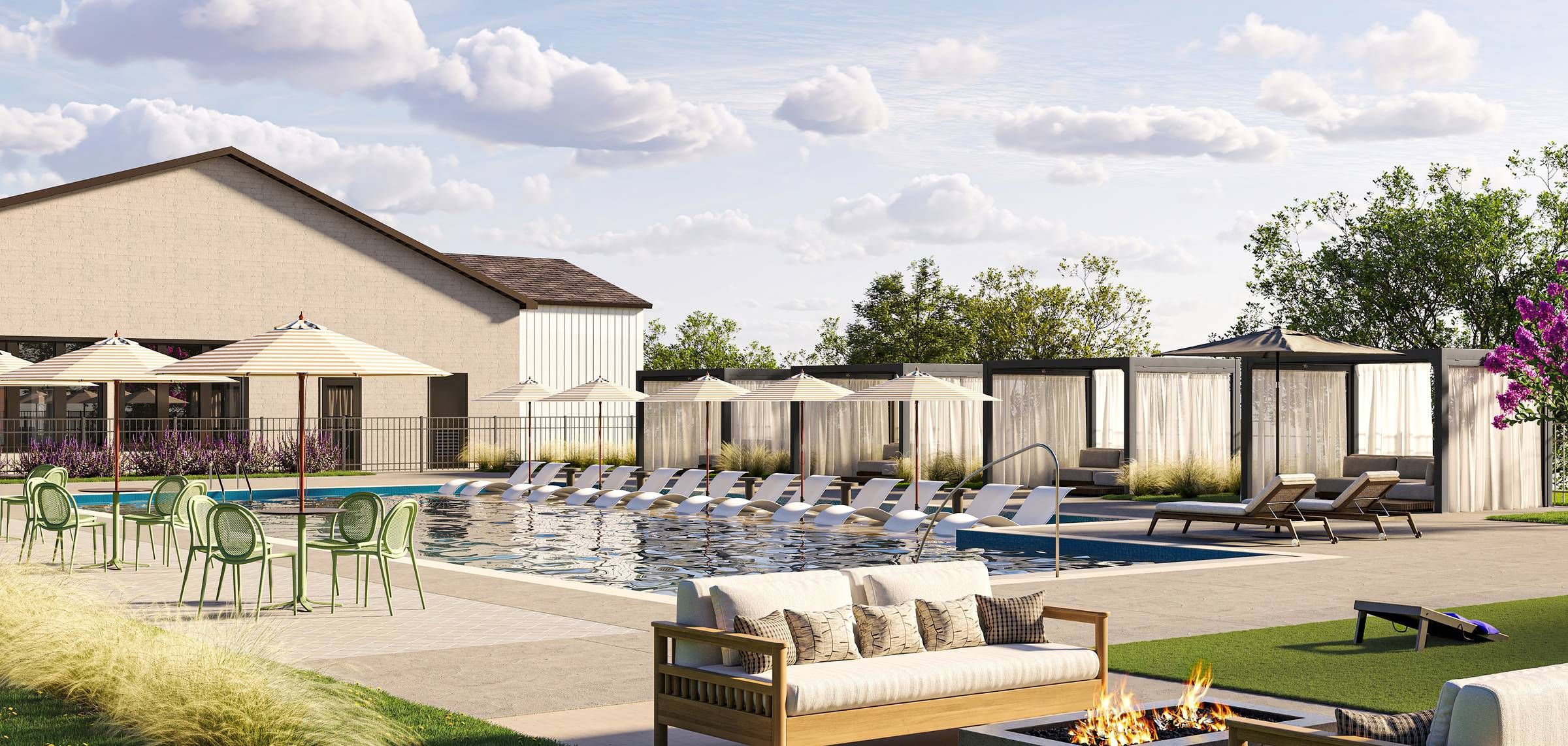 Allers Landing Modern outdoor swimming pool area with lounge chairs, cabanas, umbrellas, and a fire pit in the foreground.