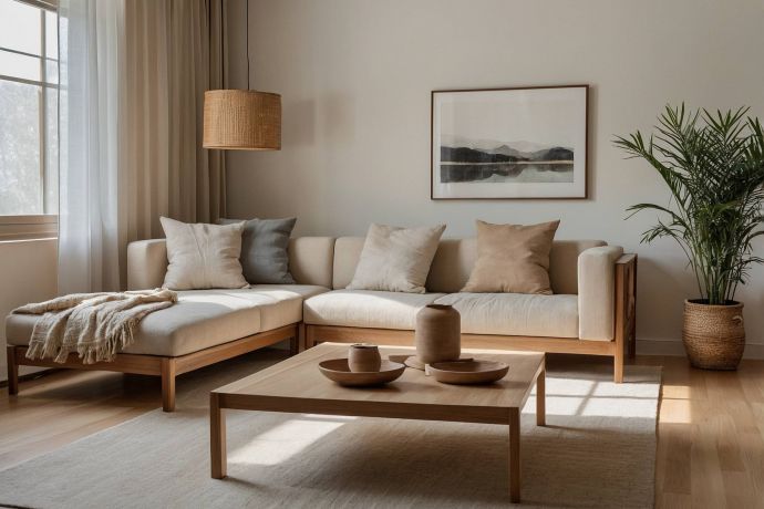 Allers Landing A cozy, minimalist living room with a beige sofa, wooden table, potted plant, and soft natural light.