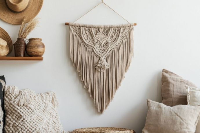 Allers Landing Beige macramé wall hanging above a cozy couch with neutral pillows and hats on a nearby shelf.